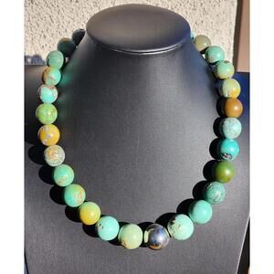 Vintage Turquoise Necklace w Large Blue, Green Multicolored Stone & Silver Bead